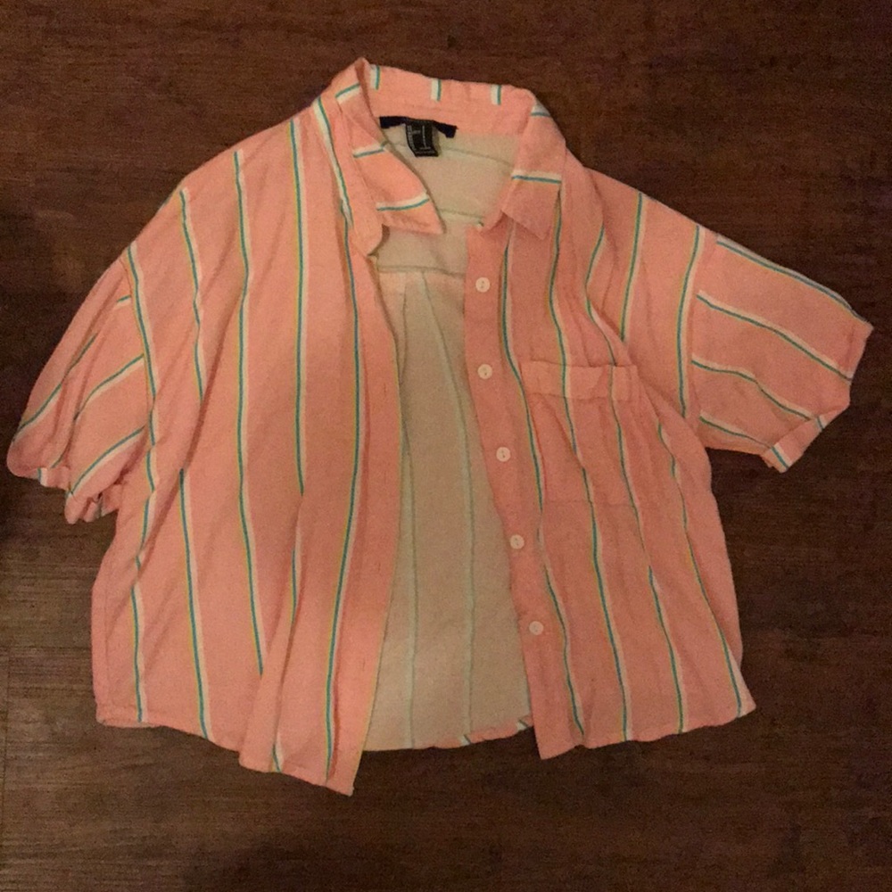Bright pink cropped stripped button up